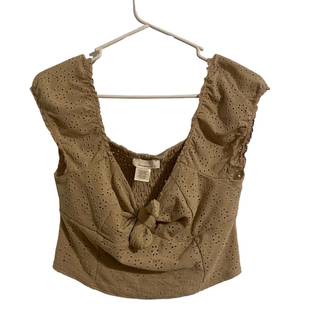 Urban Romantics Brown Tan Front Knot Scrunched Sleeves Crop Top Floral Open